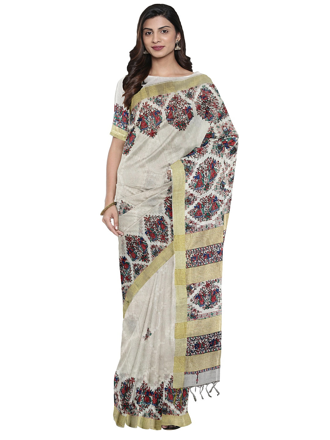 Handpainted Madhubani Kota Silk Saree in White with Zari Border